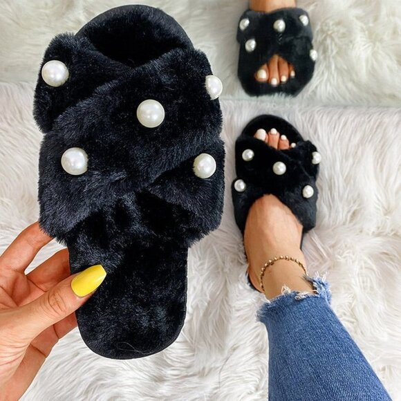 2/$30 Black Faux Fur Pearl Slides Fuzzy Cross-Band Slippers Women’s Plush Shoes - Picture 5 of 5